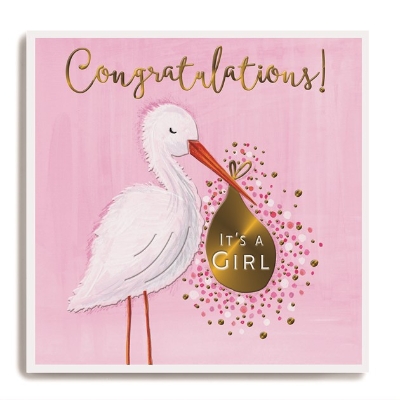 Stork holding bag pink   Congratulations it's a girl